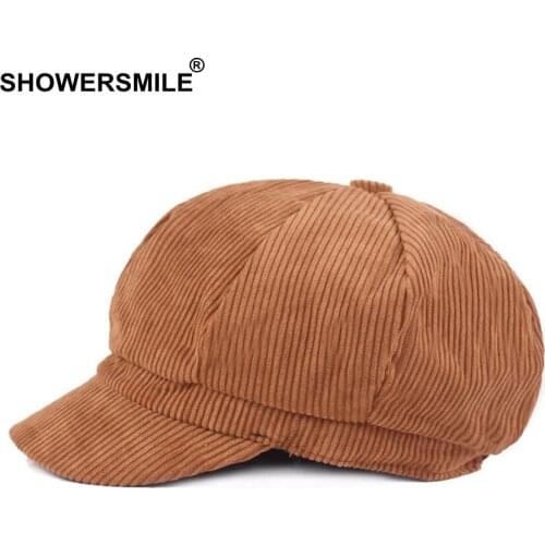 SHOWERSMILE Corduroy Newsboy Hat For Women Octagonal Cap Beret Men Vintage British Spring Autumn Khaki Painter Eight Panel Cap