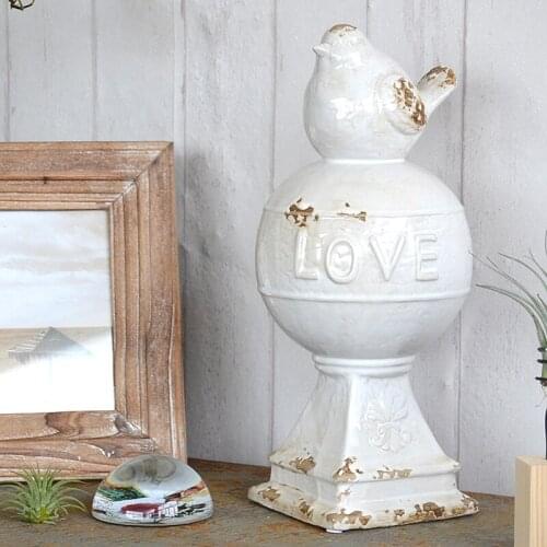 Vintage White Ceramic Tabletop Bird Figurine With Love Signs Round Ball In Middle And Square Bottom Base Country Accents Craft