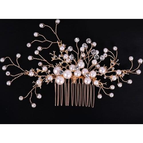 Vintage Gold Bridal Hair Combs Pearl Rhinestone Wedding Hair Accessories Handmade Tree Shape Luxury Women Tiara Hair Jewelry