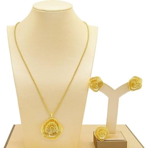 Yulaili Fashion Brazils Gold Jewelery Set Flowers Chain Necklace Stud Earrings Ring for Women Party Wedding Dubai Jewelry Sets
