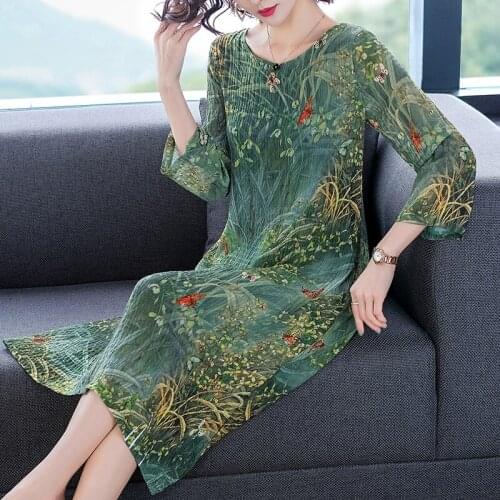 Green Spring Vestidos Knee-length Dress Women Butterfly Floral Printed Dresses Elegant Ladies Plus Size M-4XL Casual O-Neck Robe