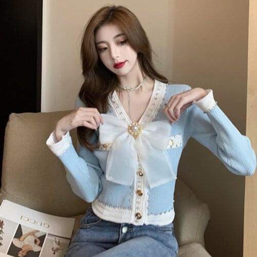 New Fall Winter Knitted Cardigan Sweater Coat Women Korean Chic Bow Diamonds Single Breasted Long Sleeve Outwear Knitted Top