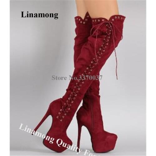 Winter Fashion Sexy Round Toe Over Knee High Platform Stiletto Heel Gladiator Boots Side Lace-up Wine Red Long High Heel Boots