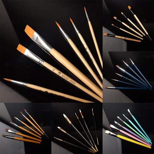6Pcs/Set Oil Painting Brushes Paint Pen Multi Purpose Wooden Handle Drawing Art SuppliesFlat Artist Paint Brush Nylon Hair