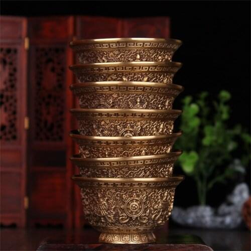 Tibetan Buddhism Supplies Eight Auspiciously Carved Pure Copper Water Cup For Tthe Buddha Ceremony 7 In 1 Home Decor Ornaments