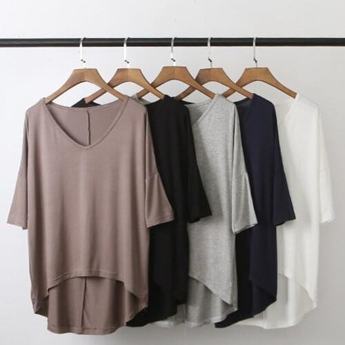 Womens Top Modal Medium Sleeve V-neck Tshirt Women All Match Tee Black Gray White T Shirt Women