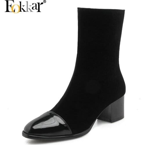 Eokkar 2020 Square Toe Classic Mid Calf Boots Women Thick Heels Med Heel Winter Shoes Mixed All Match Dress Boots Plus Size 45