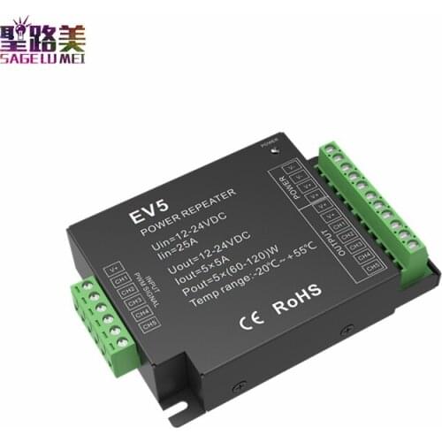 EV5 PWM RGBCCT RGBW RGB Power Repeater 5Channel 25A Led Power Amplifier LED Single Color Dual White 12-24VDC for LED Strip Light