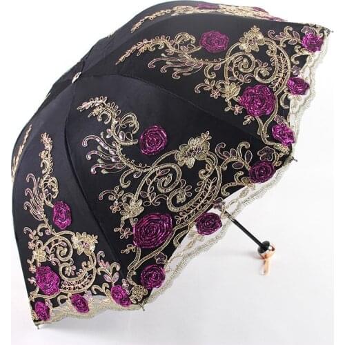 Glamour Lace Double Embroidered Umbrella Begonia Flower Vinyl Anti-UV Sun Umbrella Sunny Umbrella Designer Umbrella