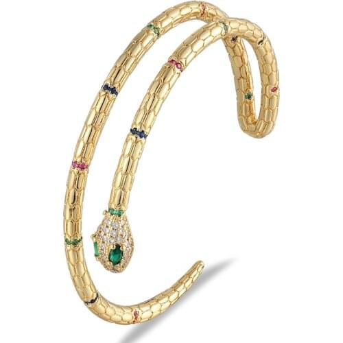 Classic Gold Color Copper Zircon Double Layer Snake Shape Open Cuff Adjustable Bangles For Women Party Bar Fashion Jewelry