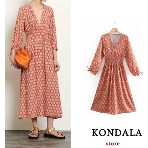 KONDALA 2021 Women Dress Za Fashion Chinese Style Red Digital Printing Long Sleeve Elastic Waist midi Dress Chic Mujer Vestidos