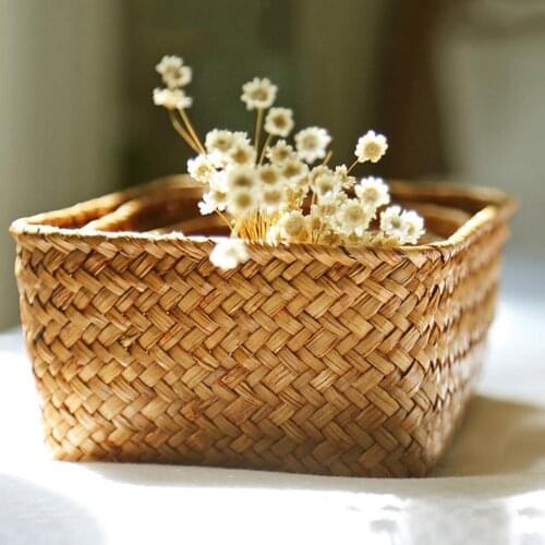 Handmade Straw Dried Flower Fruit Pot Basket Rattan Box Candy Earphone Organizer