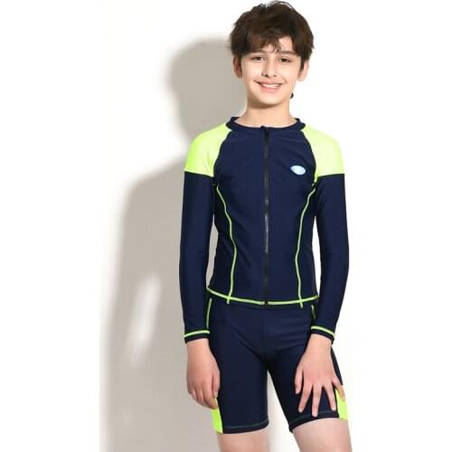 Rash Guard Two Pieces Long Sleeves Surf boy Swimwear UV Protection Swimsuit Bathing Clothes Shorts Patchwork Zipper