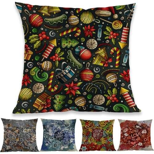 Cartoon Cute Doodles Hand Drawn Happy New Year Colorful Christmas items Throw Pillow Case Sofa Holiday Decorative Cushion Cover