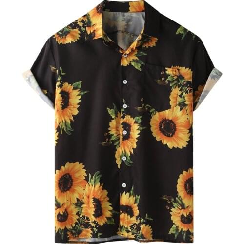 Personalized sunflower printing Hawaii shirt Mens Turn-down Collar Short Sleeve Blouses Daily Single Breasted Camicias рубашка