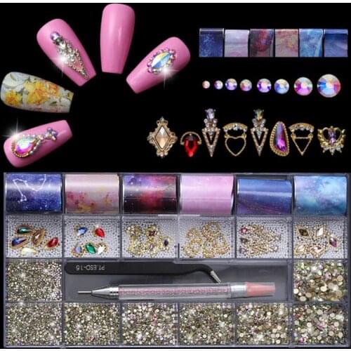 21 Grids Nails Design Kit Art Decor Multi Shapes with Dual-ended Dotting Pen Tweezers Set Nails Ornaments Manicure Tips DIY