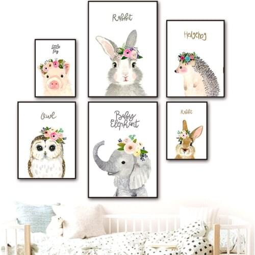 Wall Art Canvas Painting Cartoon Flower Owl Elephant Rabbit Animal Nordic Posters And Prints Wall Pictures For Kids Room Decor
