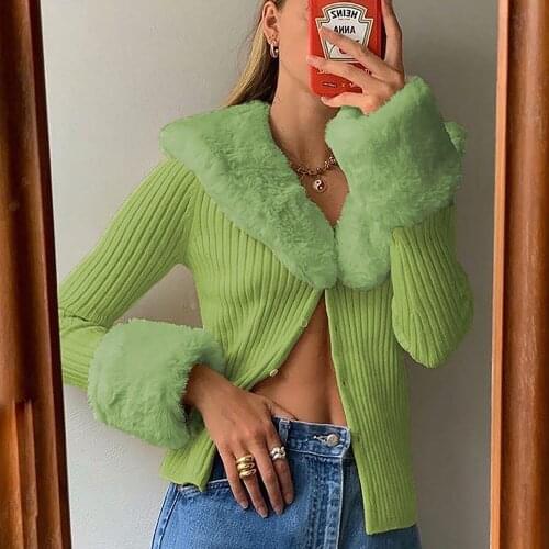 New Knitted Blouse Women Sexy Solid Color Jacket Fluffy Plush Fur Collar Tops Long Sleeve V Neck Cardigan Ladies Slim Short Coat