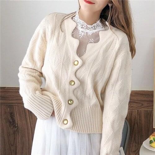 Autumn and Winter New Super Fairy First Love Can Be Salt Can Be Sweet Loose and Thin Wave Pattern Knitted Long-sleeved Jacket