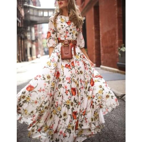 Boho hippie chic floral print flowy dress Summer vacation v-neck long sleeve hawaiian dress Women strappy wrap maxi dress