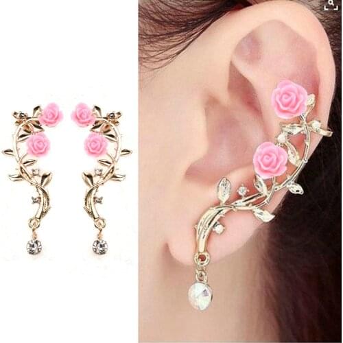 New Fashion Rose Leaf Flower Ear Stud Cuff Earring Lady Gold Pink Women Jewelry Pendientes Princesas Boucle D'oreille Cristal