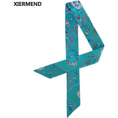 2018 lock key printing simulation silk scarf sunscreen variety magic tie bag handle ribbon female head skinny scarves
