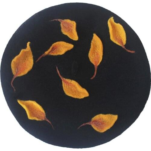Woolen Wild Painter Hat Black Wild Creative Gift Hat Handmade Wool Felt Ginkgo Biloba Autumn and Winter