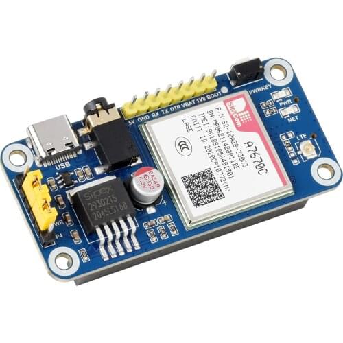A7670E Cat-1 HAT,For Raspberry Pi, 2G GSM / GPRS, LBS, for Europe, Southeast Asia, West Asia, Africa, China, South Korea