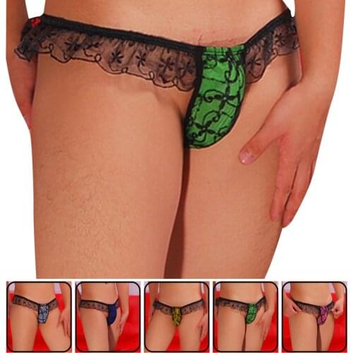 2019 hot Sexy Gay G-string Mens Thongs Sissy Hot Lingerie Low Rise Ruffle Lace Bulge Pouch Bikini G-string jockstraps
