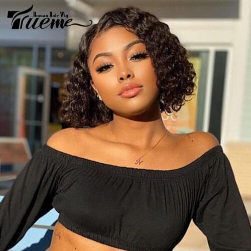 Trueme Short Water Wave L Part Lace Human Hair Wigs Remy Brazilian Lace Part Wig Pixie Cut Short Bob Curly Wigs For Black Women