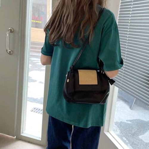 Womens Black Handbags PU Leather Summer Bucket Homemade Straw Weaving Small Shoulder Bag Party Female Cross body Bags New 2021