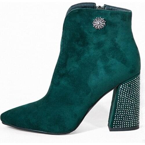 Women Block High Heels 9.3CM Zipper Crystal Rhinestone Ankle Boots Gree Genuine Leather Flock Women Boots Feminina V543-296