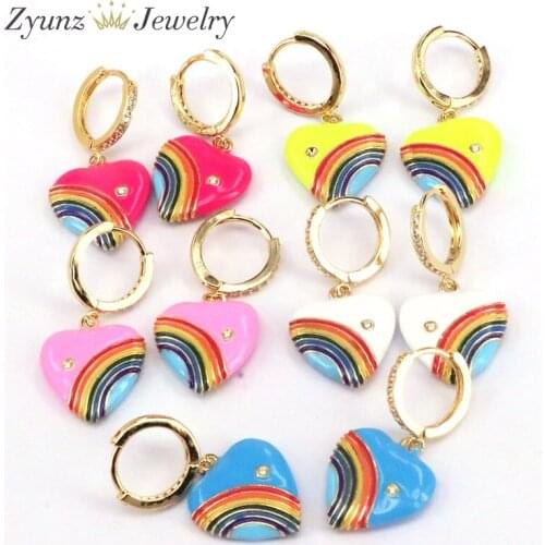 5 Pairs, Rainbow Enamel Dangle Earrings for Women Gold Color Heart Earring CZ Jewelry