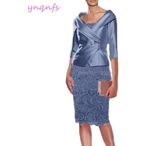 YNQNFS M195M Real Dress Party Wedding Guest Wear Knee Length Gray Blue 2 Piece Mother of the Bride Lace Dresses with Jacket 2019