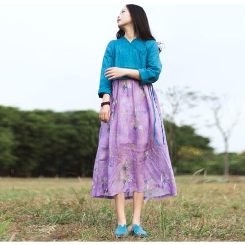 Women Spring Summer Linen Patchwork Ramie Print Dress Ladies Vintage V Neck Dress Female Retro Dress 2021