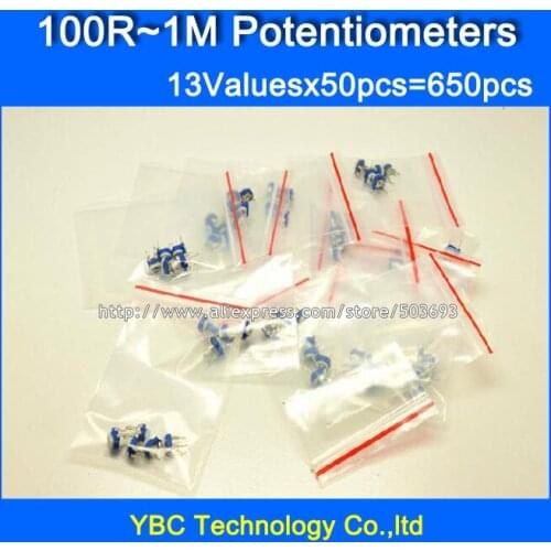Free Shipping 13valuesx50pcs=650pcs 100R~1M Horizontal Potentiometers/adjustable Variable Resistors Potentiometers