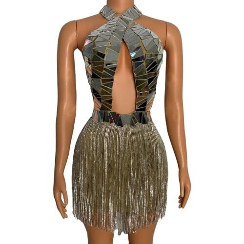 Sparkly Glass Mirrors Crystals Fringes Dress Transparent Costume Rhinestones Chains Party Outfit Prom Birthday Celebrate Outfit