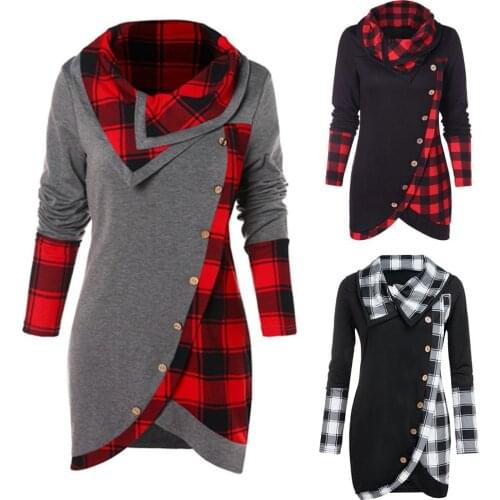 Blouse Women 2021 Autumn Winter Tops Femme Long Sleeve Plaid Turtleneck Tartan Tunic Sweatshirt Pullover Tops Dropshipping