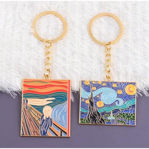 Classic The Starry Night Oil Painting Keychain Van Gogh Art Work Enamel Pendant Key Chain For Artist Collection Jewelry