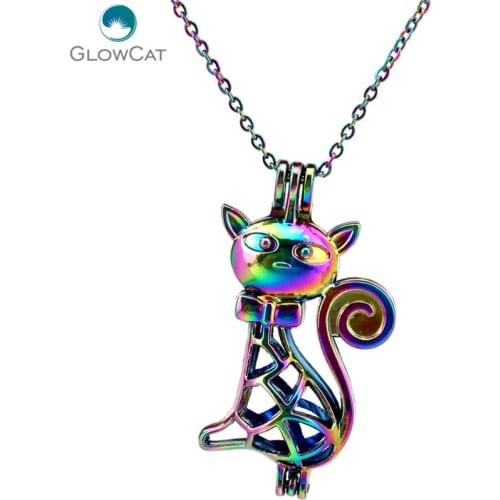 C362 Rainbow Color Animal Bow Knot Lady Cat Bead Cage Necklace Pendant Aroma Essential Oil Diffuser Locket Necklace