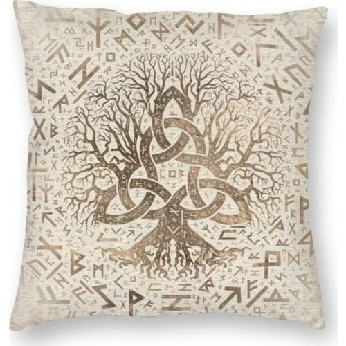 Tree Of Life With Triquetra And Futhark Pastel Gold Square Pillow Case Decor Viking Norse Cushion Cover Throw Pillow for Car