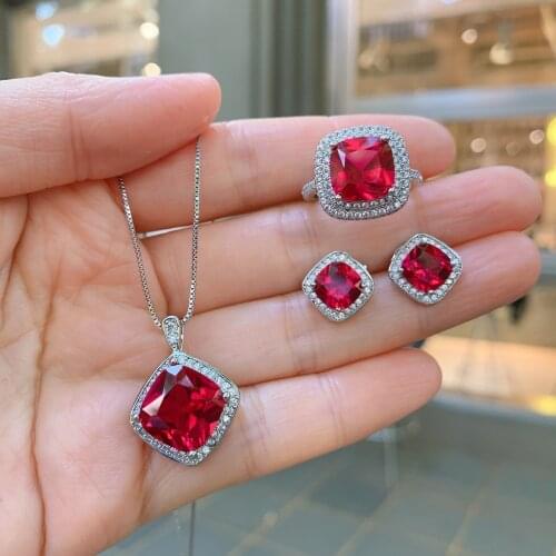 QTT Genuine 925 Sterling Silver Necklace Earrings Ring Sets Red Square CZ Set For Women Wedding Engagement Jewelry Gift