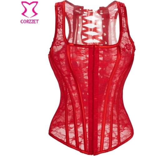 Red Lace U-neck Vest Corset Sexy Gothic Lace Up Overbust Waist Trainer Bustier Women White Victoria Lingerie Corselet Burlesque