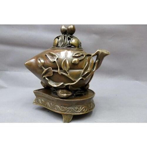 8" China brass censer sculpture copper longevity peach Incense Burner Statue