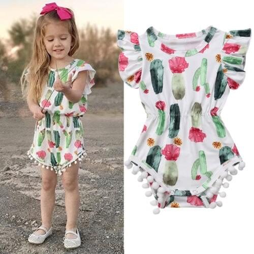 FOCUSNORM 0-24M Summer Lovely Baby Girls Boys Jumpsuits Ruffles Short Sleeve Cactus Printing Elastic Tassel Romper