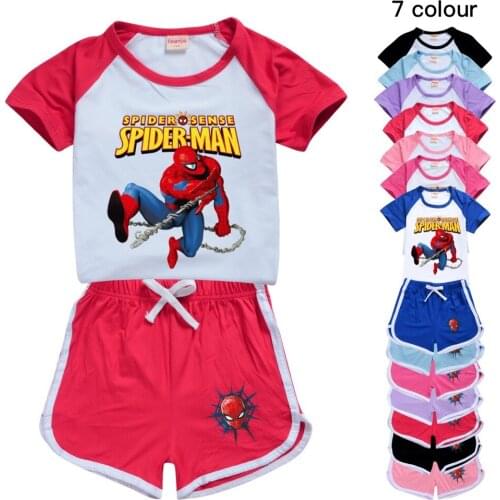 Summer Children Cartoon Spiderman Print Cotton Baby Boys Short Sleeve T Shirt+Shorts 2 PCS Set Baby Girl Clothing Set Sport Suit
