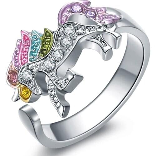 Cartoon Cute Unicorn Ring Adjustable Alloy Crystal Finger Ring Jewelry For Women Party Accessories