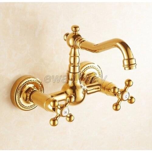 Gold Color Brass 2 Hole Wall Mounted Kitchen Sink Faucet Swivel Spout Basin Mixer Taps Dual Handles Wgf019