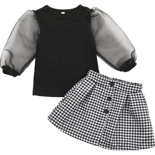 New Summer Fashion Spring 1-6T Infant Kids Baby Girl Mesh Long Sleeve Shirt Plaid Skirts 2Pcs Sun Protect Clothes Outfits