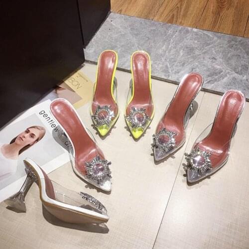 New Summer Plus Size 41 Women Slides Neon Yellow Crystal Sun Flower Buckle Transparent Hoof High Heels Sandals Sexy Mules Shoes